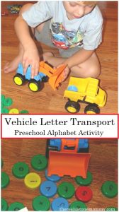 preschool letter activity -- use toy construction vehicles to work on ABC skills in "D" is for Dump Truck