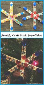 sparkly craft stick snowflakes -- simple winter craft for kids; make snowflake magnets or snowflake ornaments