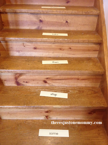 fun sight word activity at home -- reading sight words on stairs