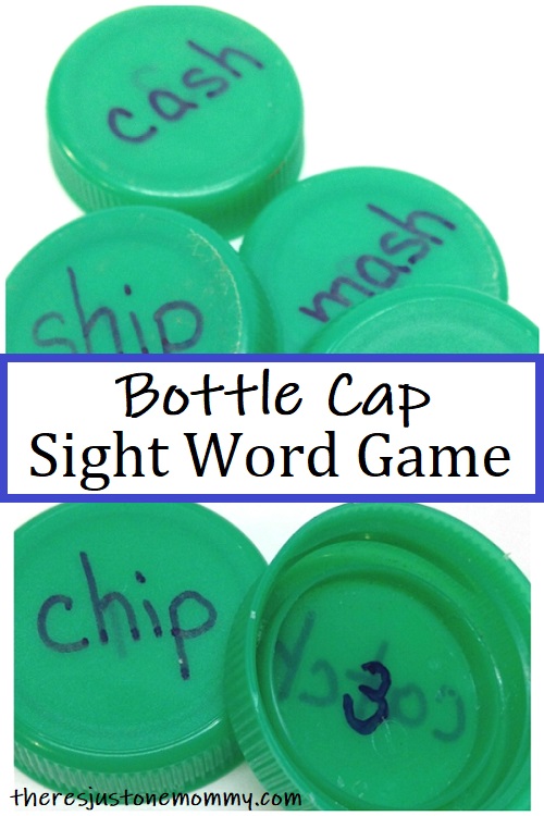 Sight words bottle cap games for kids with sight words on one side of the green bottle cap and points on the other side.