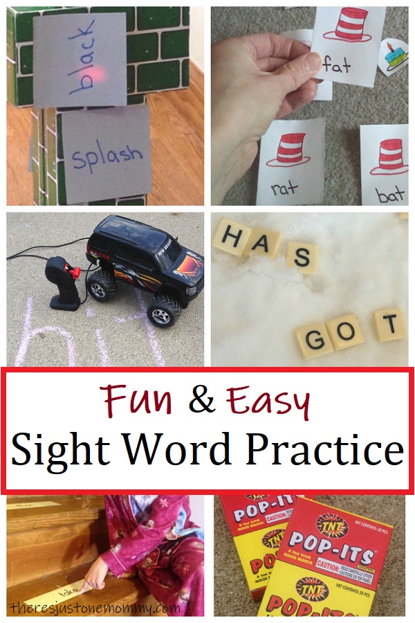 Sight words games that are fun and easy with letter tokens, fireworks, toy cars, toy blocks, and flash cards.