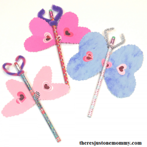 heart craft: make a heart butterfly Valentine using a holiday pencil as a special gift for school friends
