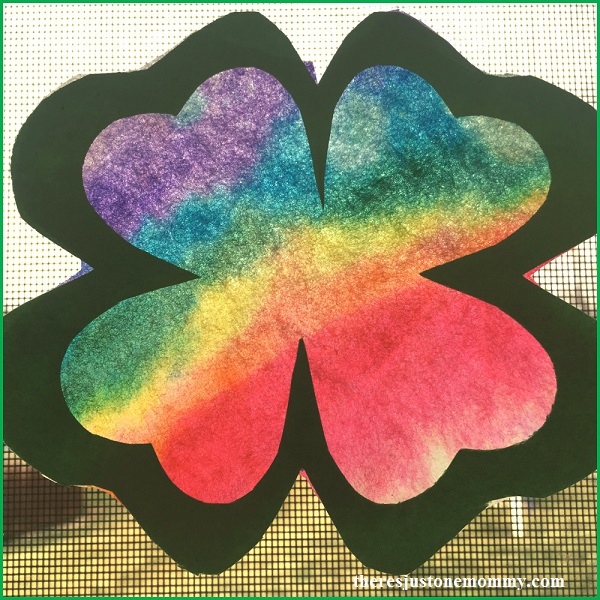 rainbow shamrock craft: make a tie-dyed shamrock suncatcher for St. Patrick's Day