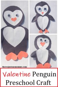this paper heart penguin craft would be a fun Valentine's Day craft for preschoolers