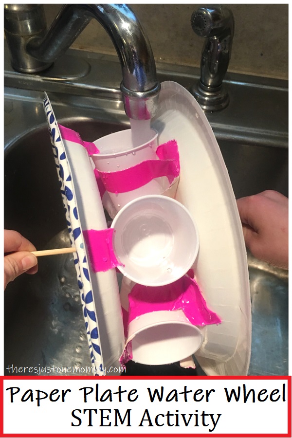 water running into plastic cups on a paper plate water wheel 